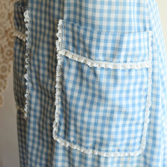 Vintage 1970s Dress with Pockets, Blue Gingham Prairie Maxidress Pinafore - Picture 7 of 10